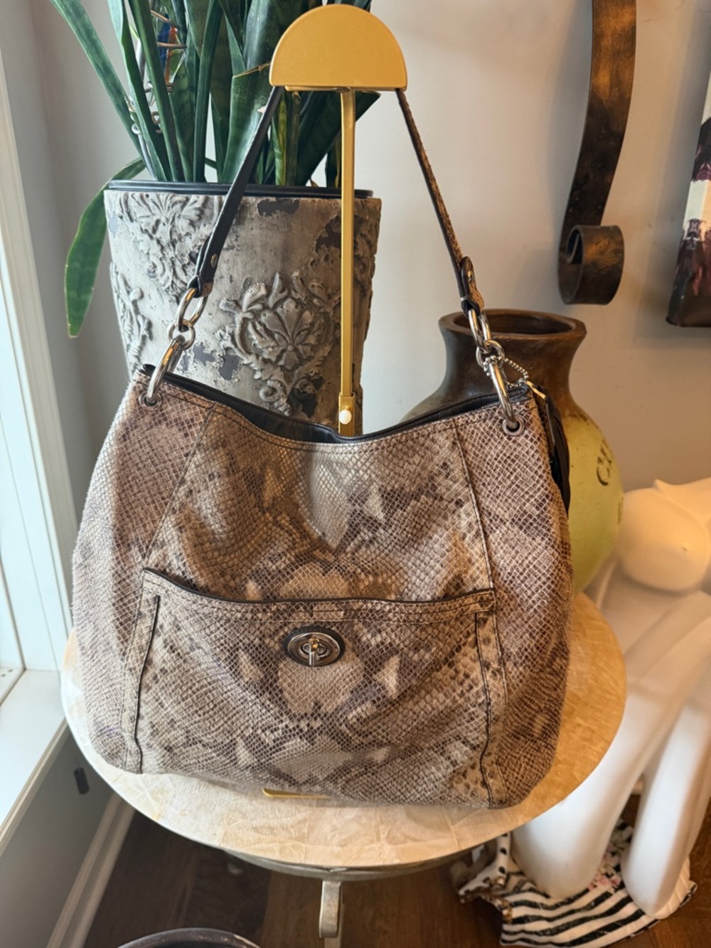 Vintage COACH Leather Park Python Hobo Bag, Brown, Taupe, Silver. (D1393-F24383)